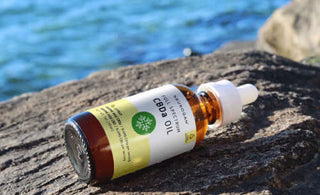 A bottle of CBDa laying on a rock, near ocean shore