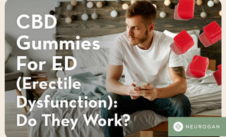 A man sitting on the bed. Text: CBD gummies for ED (erectile Dysfunction) Do they work?
