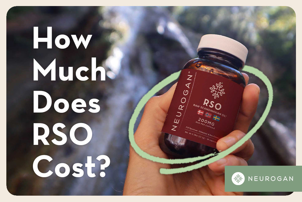 Handheld bottle of RSO gummies. Text: How much does RSO Cost?