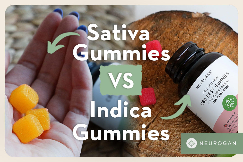 Sativa Gummies and Indica Gummies. Text: Sativa Gummies vs. Indica Gummies