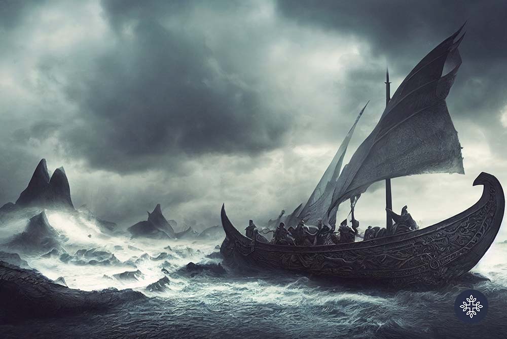 Gray Stormy Skies and Rough Ocean Waters, as Vikings Travel by Boat with Nordic Engravings