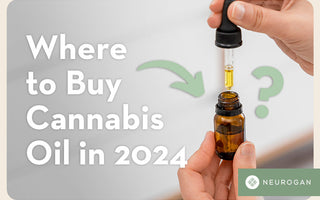 Holding a bottle of cannabis oil. Text: Where to buy cannabis oil in 2024