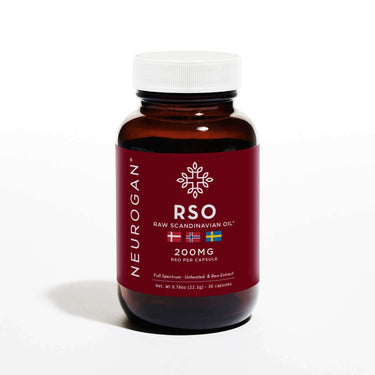 Bottle of full spectrum RSO Capsules, amber colored bottle, white cap, 30 total capsules,