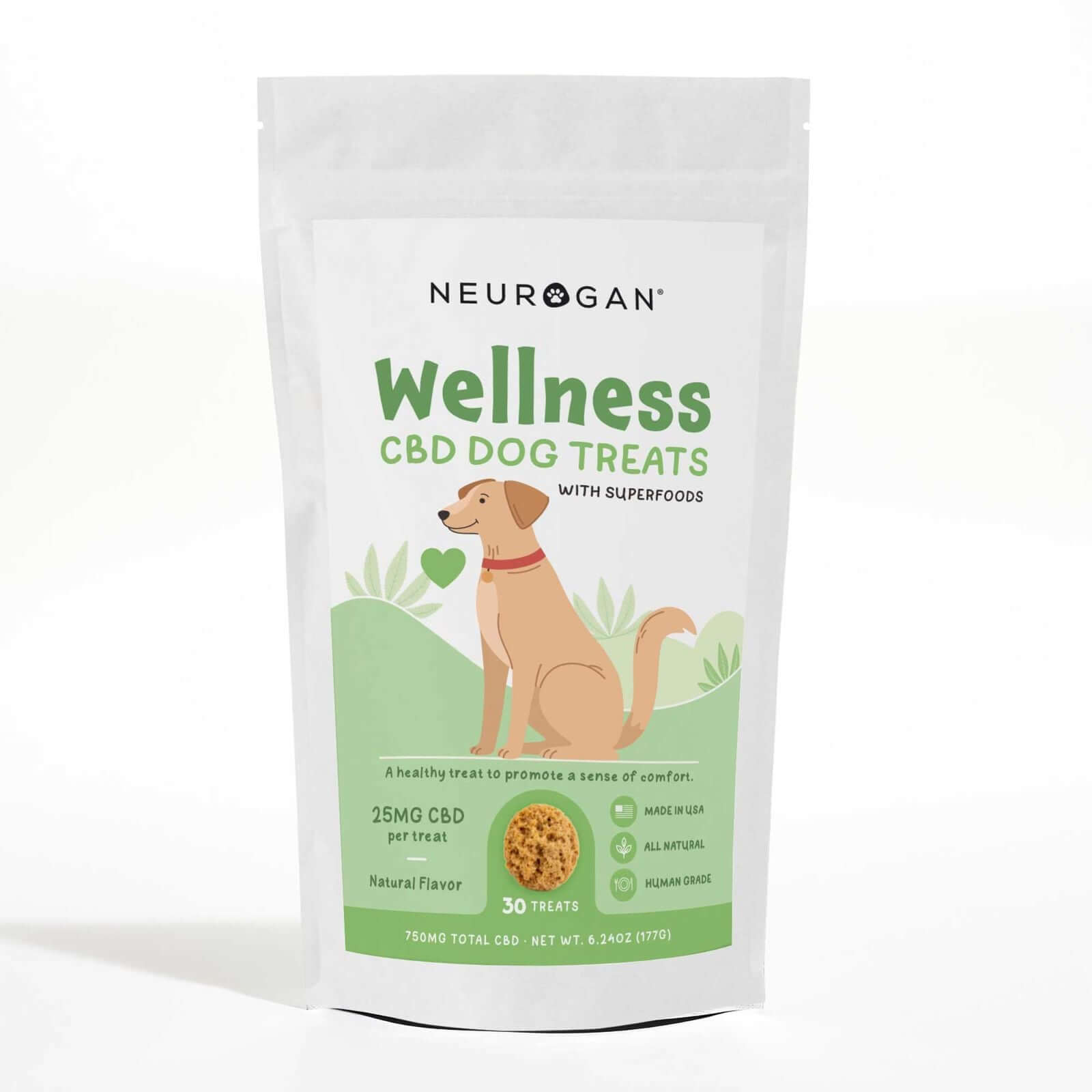 Neurogan Wellness CBD Dog Treats, 750mg total CBD, 30-piece container.