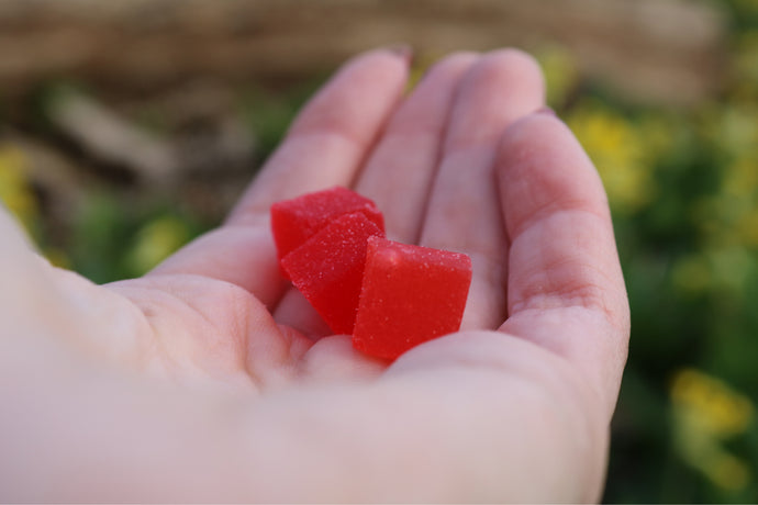 Closeup of three pieces of berry colored square gummies on a person's palm