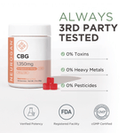 CBG Gummies jar, highlighting full spectrum hemp and 3rd party testing for potency and safety.