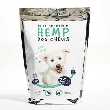 White pack of CBD hemp dog chews 300 chews/7500mg CBD featuring a label with an illustration of a white dog named Ricky.