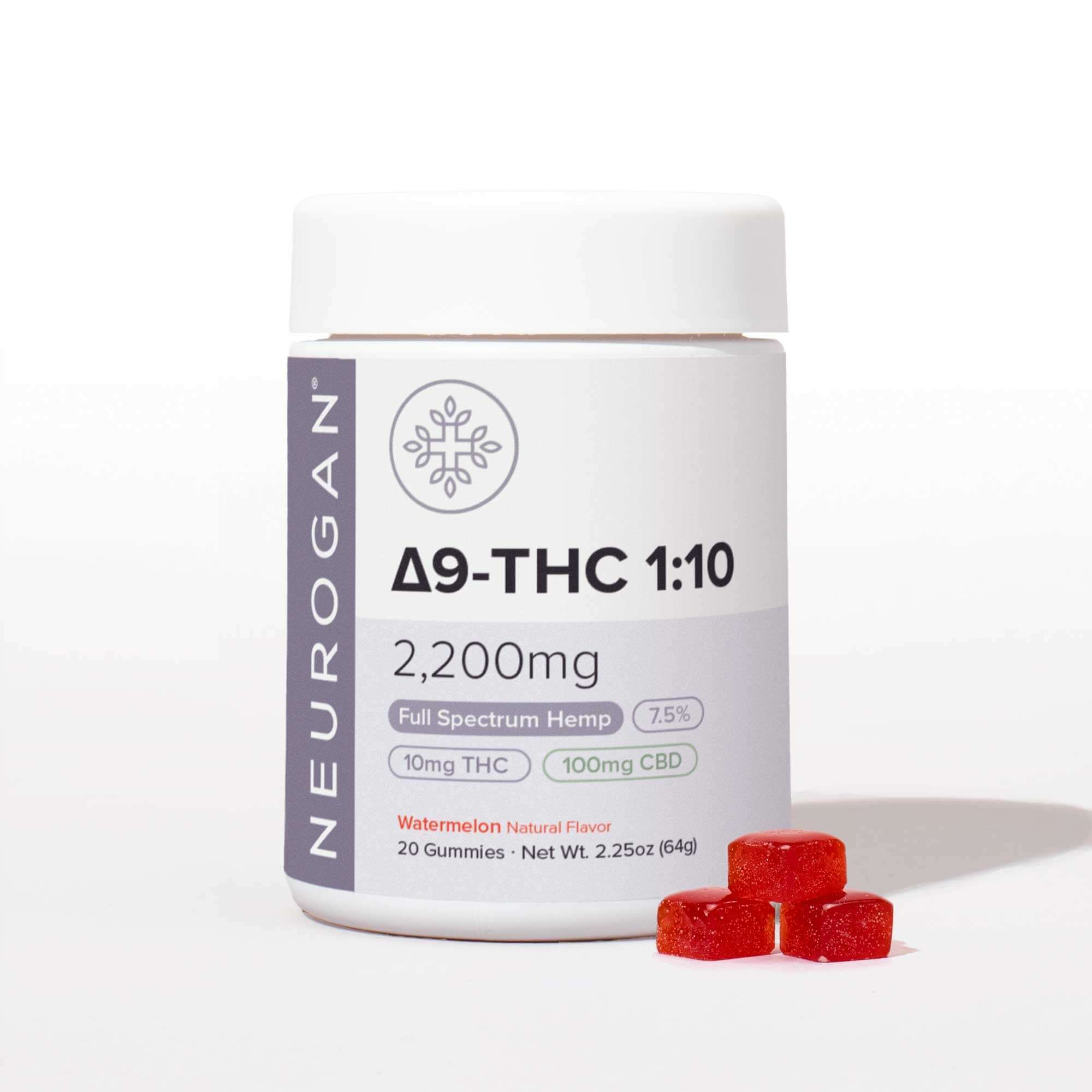 Neurogan Delta-9 THC gummies 10mg THC per gummy, total of 20 red gummies. Watermelon flavor, 2.25oz bottle.