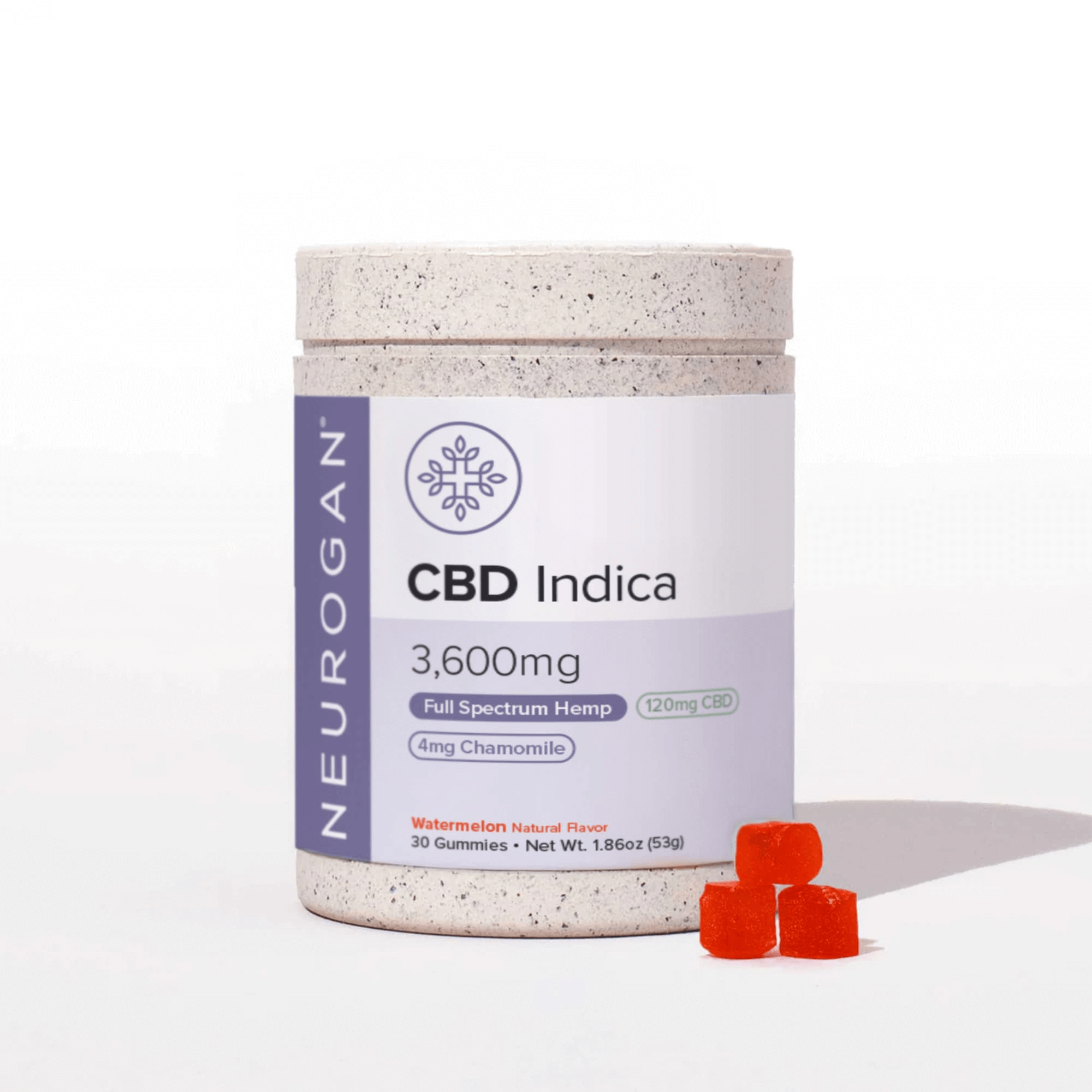 CBD Indica gummies with 3600mg full spectrum hemp, chamomile, and watermelon flavor for relaxation and wellness.