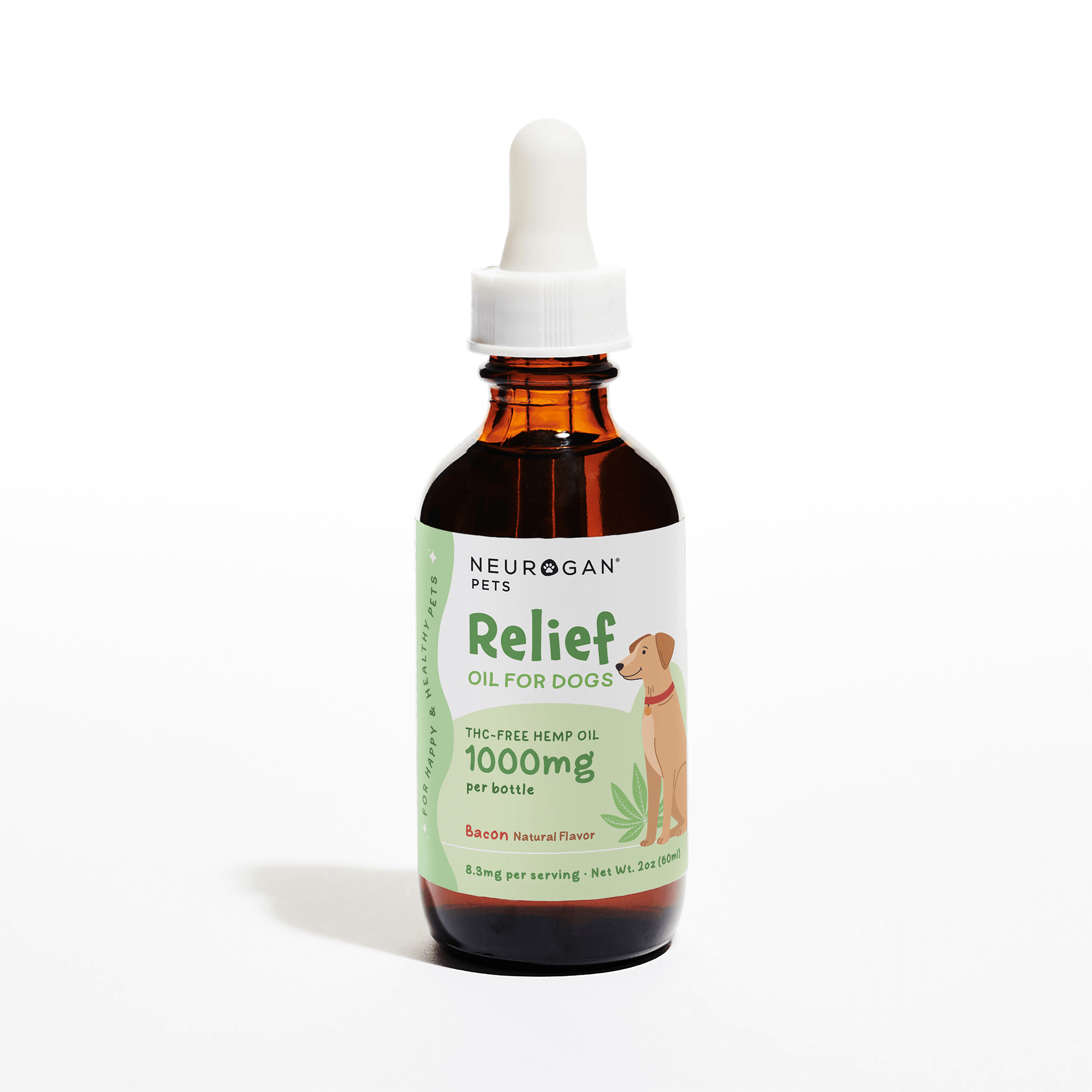 Bacon flavored CBD oil for dogs, 1000mg THC-free relief formula in dropper bottle by Neurogan.