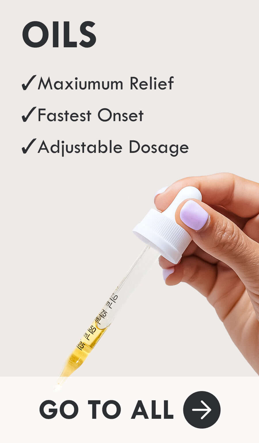 Person holding a CBD oil dropper with benefits: maximum relief, fastest onset, adjustable dosage.