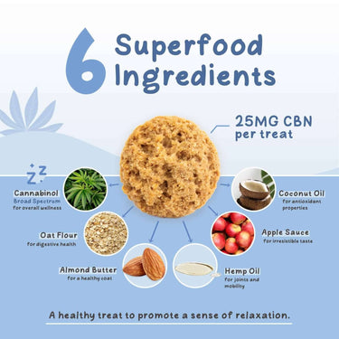 CBN treat infused with 6 superfood ingredients, cannabinol, oat flour, almond butter, coconut oil, apple sauce, hemp oil