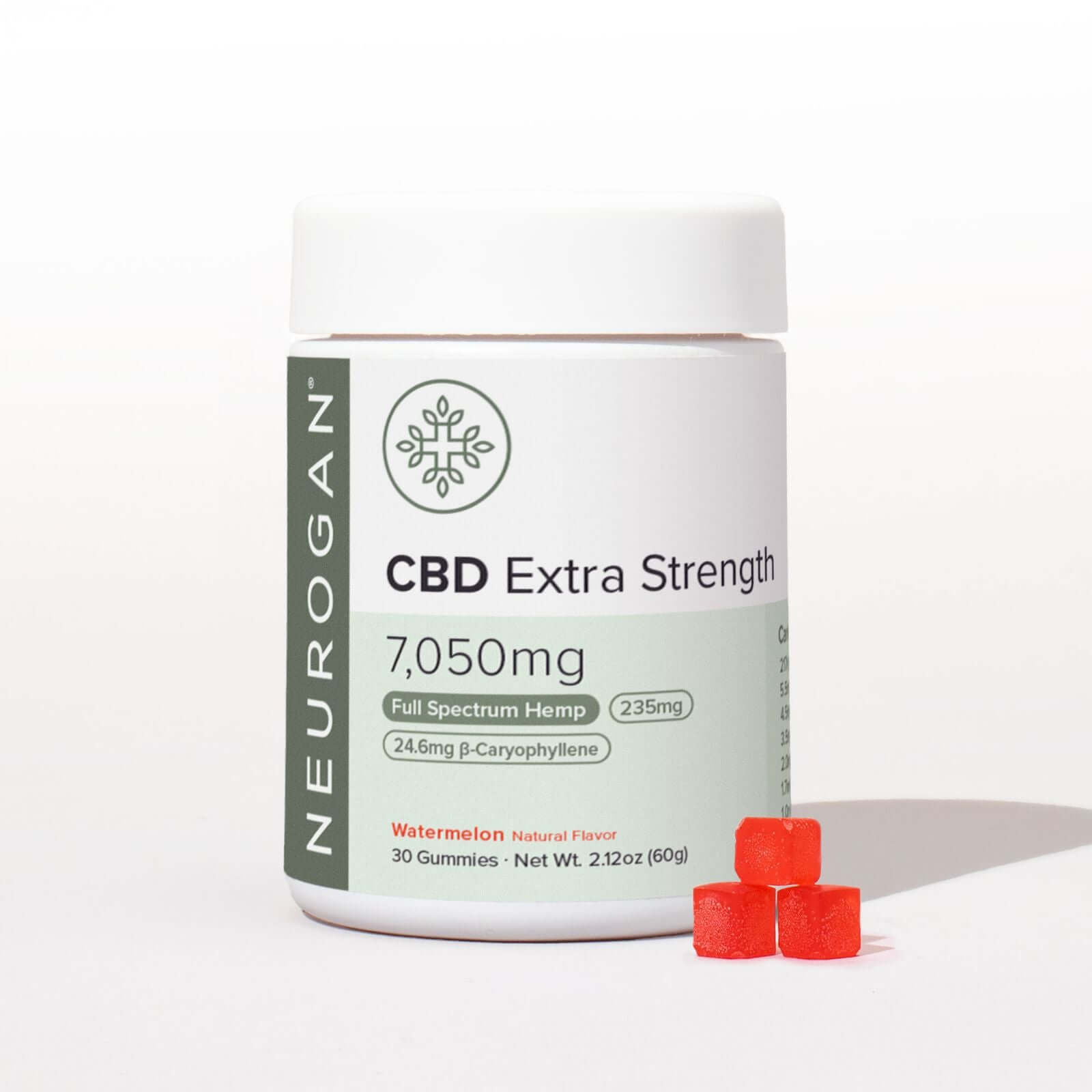 Neurogan's strongest CBD gummies jar with 7050mg full spectrum hemp extract and watermelon flavor.