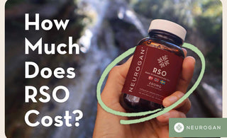 Handheld bottle of RSO gummies. Text: How much does RSO Cost?