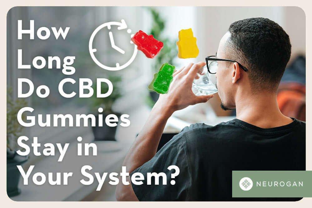 A man drinking water. Text: How Long Do CBD Gummies Stay in Your System?