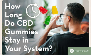 A man drinking water. Text: How Long Do CBD Gummies Stay in Your System?