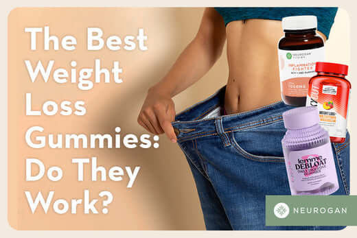 Woman showing off weight loss in large jeans. Text: The best weight loss gummies: do they work? 