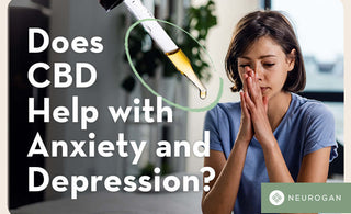 An anxious woman holding her palms together. Text: Does CBD help with Anxiety and Depression?