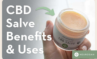 An open jar of Neurogan Healths CBD salve. Text: CBD salve benefits and uses