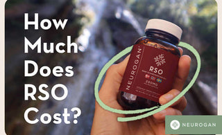 Handheld bottle of RSO gummies. Text: How much does RSO Cost?