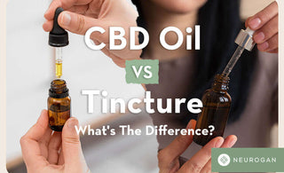 Woman holding a bottle of CBD oil. Text: CBD oil vs tincture: What's the difference? 