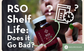 Holding Neurogan RSO gummies. Text: RSO Shelf life: Does it go bad? 