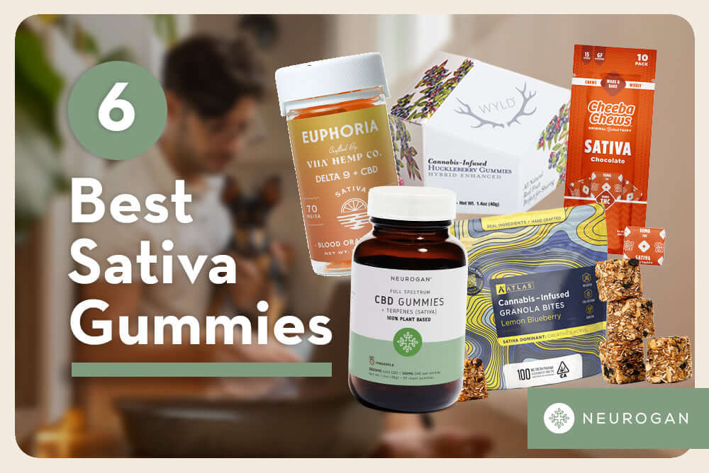 Collection of the best sativa gummies. Text: 6 best sativa gummies