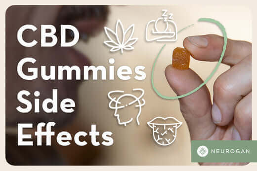 A hand holding a CBD gummy. Text: CBD Gummies Side Effects