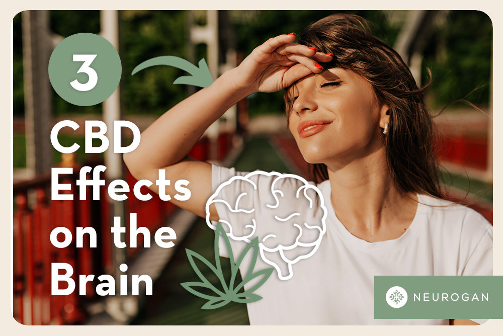 woman outside enjoying the sunshine. Text: CBD effects on the brain. 