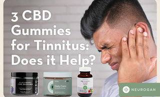 Man holding his ringing ears. Text: 3 CBD gummies for tinnitus: Does it help? 
