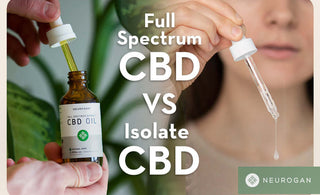 Pulling out Neurogan CBD Oil. Text: Full spectrum CBD vs Isolate