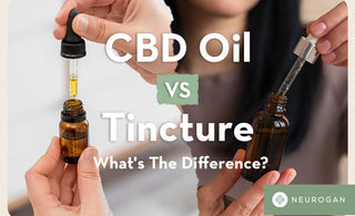 Woman holding a bottle of CBD oil. Text: CBD oil vs tincture: What's the difference? 