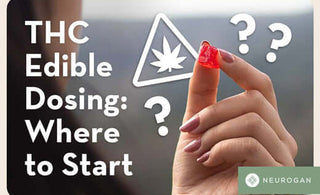 A woman holding THC gummies. Text: THC edible Dosing: Where to Start 