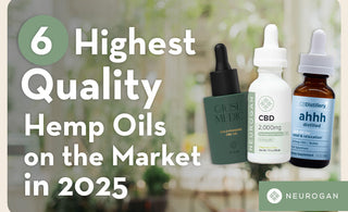 Three hemp oil bottles with text: '6 Highest Quality Hemp Oils on the market in 2025'