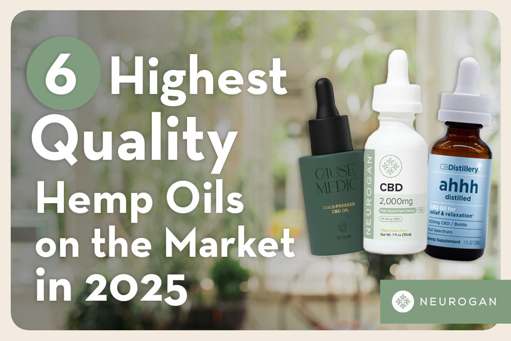 Three hemp oil bottles with text: '6 Highest Quality Hemp Oils on the market in 2025'