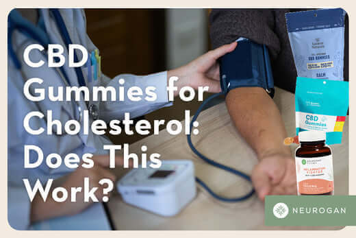A Doctor checking someone's blood pressure. Text: CBD Gummies for cholesterol: Does this work?