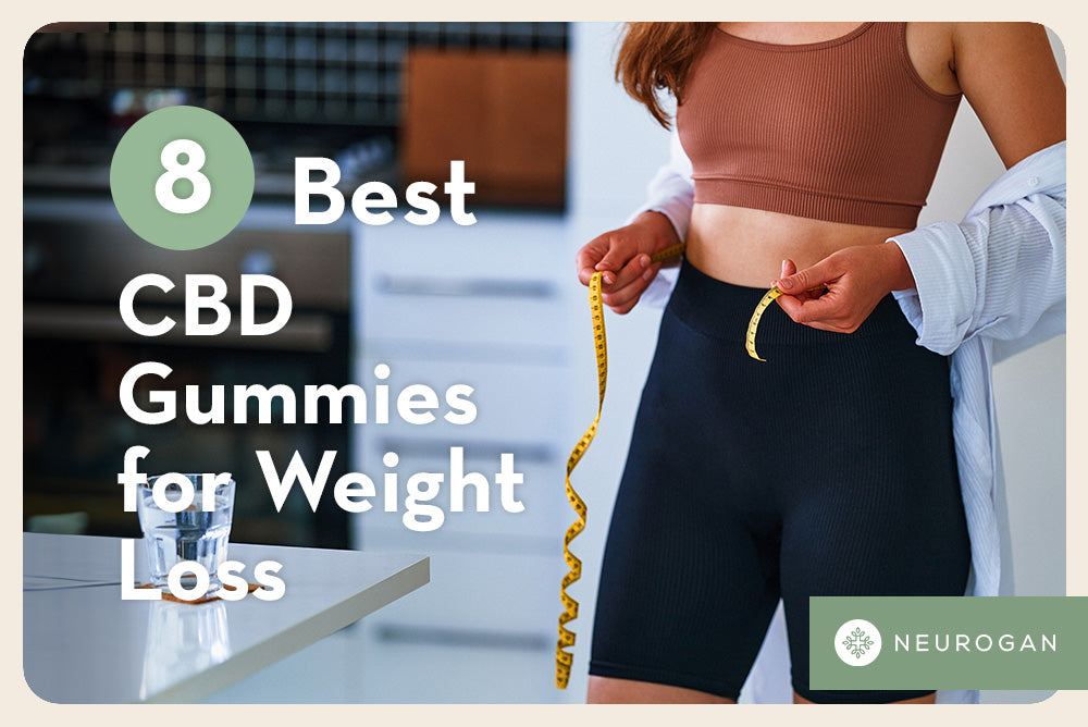 A woman measuring her weight and title "8 Best CBD Gummies For Weight Loss" 