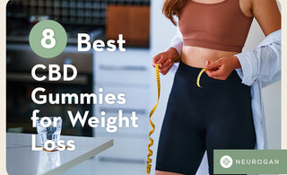 A woman measuring her weight and title "8 Best CBD Gummies For Weight Loss" 
