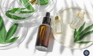 A half-filled unlabeled glass bottle laying beside hemp leaves and mini glass bottles