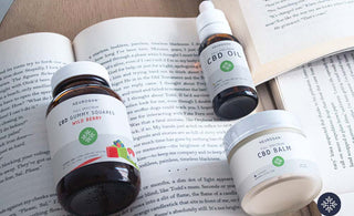 Neurogan CBD Gummy Squares, CBD Oil, and CBD Balm laying on open books