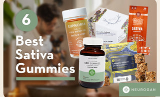 Collection of the best sativa gummies. Text: 6 best sativa gummies