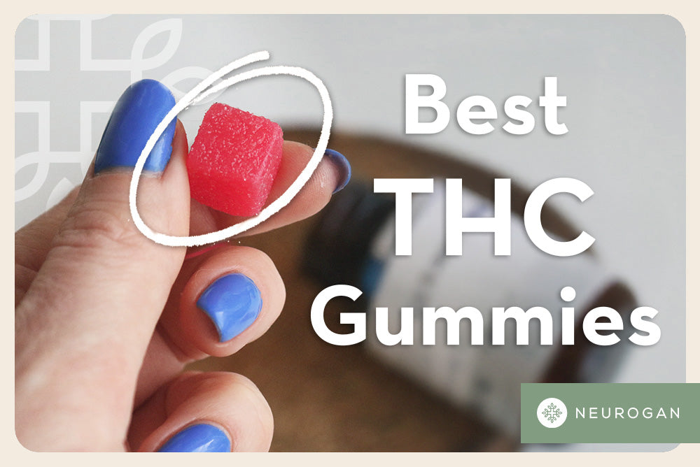 Handheld piece of red thc gummy. text: Best THC Gummies