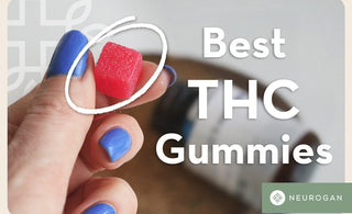 Handheld piece of red thc gummy. text: Best THC Gummies