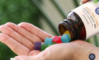 Different colors of CBD Gummies on the palm of a hand