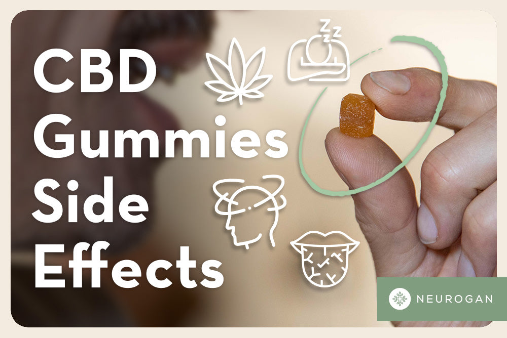 A hand holding a CBD gummy. Text: CBD Gummies Side Effects