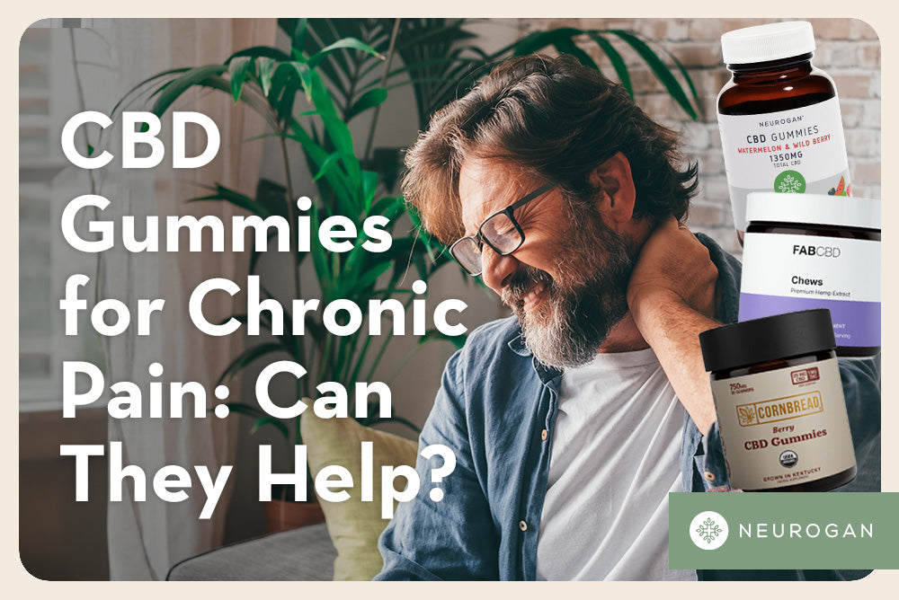 A man with glasses holding his neck from pain. Text: CBD Gummies for chronic pain: can they help? 