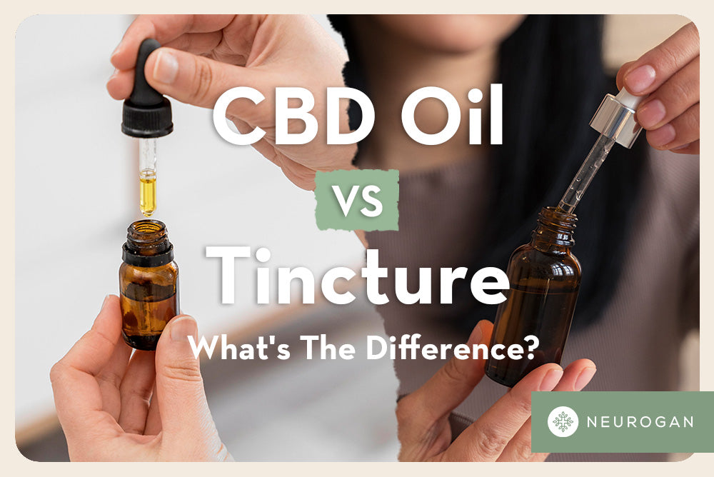 Woman holding a bottle of CBD oil. Text: CBD oil vs tincture: What's the difference? 