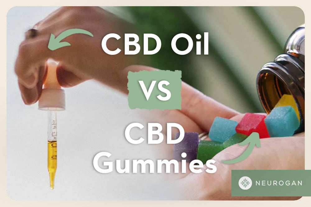 Hand holding a CBD oil dropper next to hand pouring CBD gummies. Text: CBD oil vs CBD Gummies