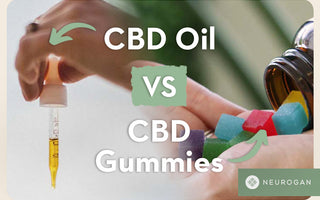 Hand holding a CBD oil dropper next to hand pouring CBD gummies. Text: CBD oil vs CBD Gummies