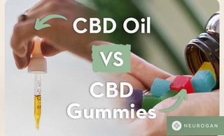 Hand holding a CBD oil dropper next to hand pouring CBD gummies. Text: CBD oil vs CBD Gummies